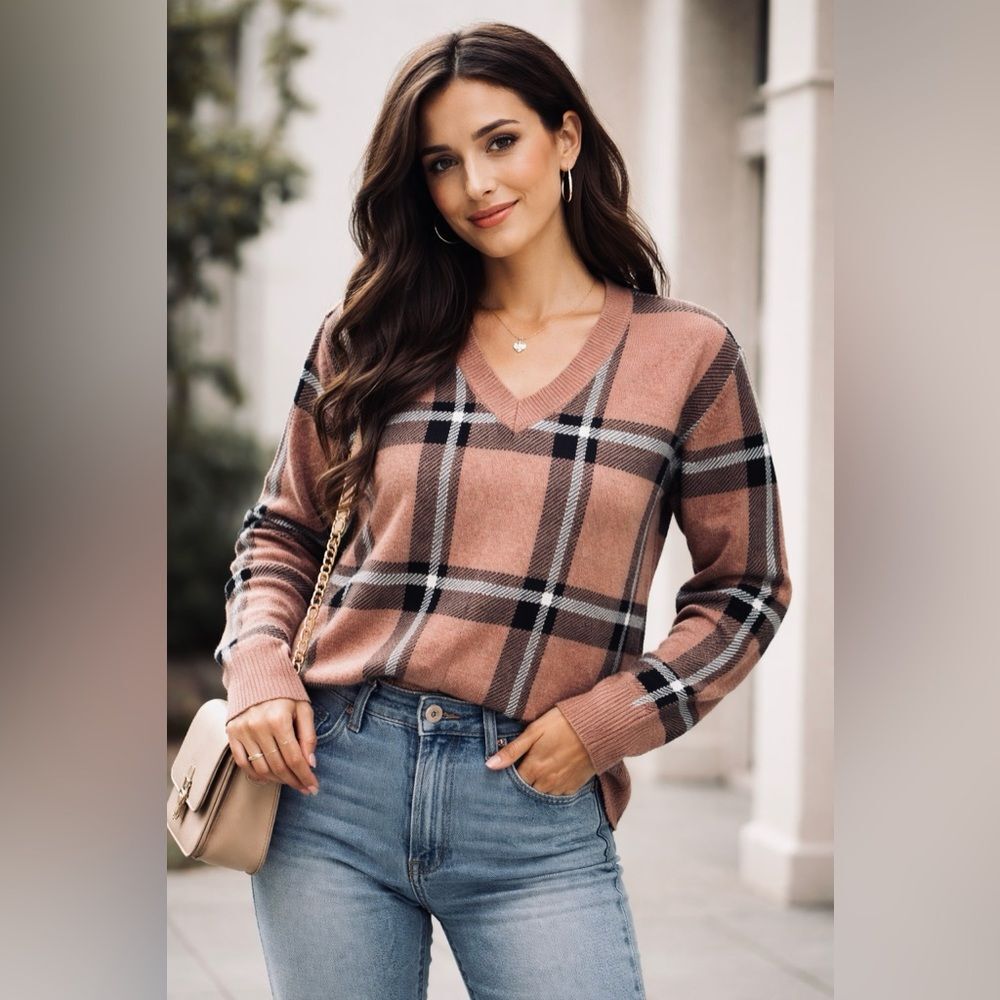MAX STUDIO Soft Knit Sweater V-Neck Long Sleeve Pullover Brown Plaid Sz M NWOT